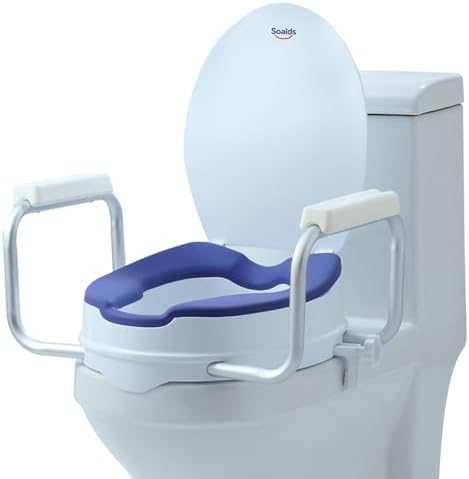 Raised Toilet Seat Risers for Seniors, Padded Elevated Toilet Seat with Handles, 5 Inch Height, Support to 300 LBS, White, Blue