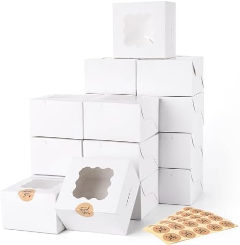 VGOODALL 50pcs 4x4x2.4 Inches White Bakery Boxes with Window, Mini Cake Boxes Cookie Box with Window for Cookie, Pastry, Dessert, Chocolate Covered Strawberry and Candy Gift Giving