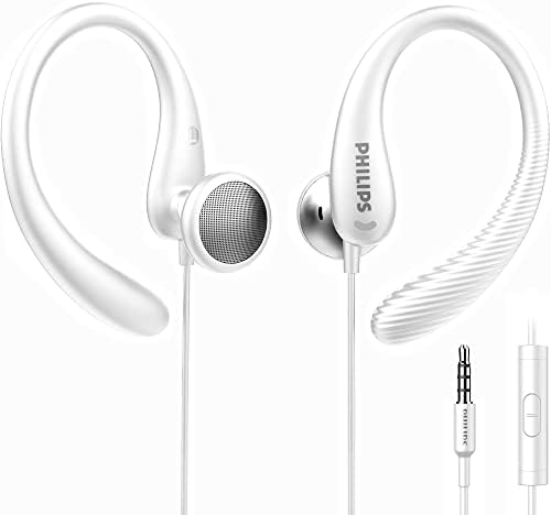 PHILIPS Over The Ear Earbuds, Flexible Wrap Around Earbuds, Around Ear Headphones with Mic Behind The Ear Headphones, Perfect for Sports, Running, Exercise, Gym (White)