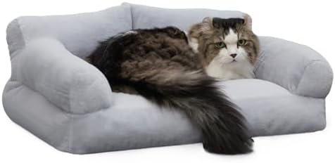 Hollypet Fluffy Plush Dog Cat Pet Couch Soft Calming Sofa Beds for Medium Small Cats and Dogs, Light Gray