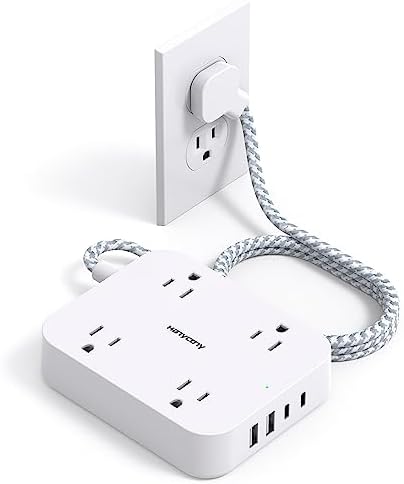 Flat Plug Extension Cord, 5ft Power Strip with 4 USB Ports(2 USB C), 4 Widely Outlets Extender, Wall Mount, Desk Charging Station for Office, School, Travel and Dorm Room Essentials, ETL Listed