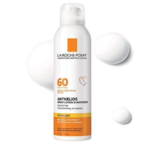 La Roche-Posay Anthelios Ultra-Light Sunscreen Spray Lotion SPF 60, Spray Sunscreen For Face & Body, Broad Spectrum SPF + Antioxidants, Oil Free, Alcohol Free, Water Resistant 80 Min., 5 Fl. Oz.