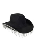 QWINEE Western Cowboy Hat Cowboy Hat with Rhinestone Tassel Decor Halloween Cow Fedora Hat Costume Accessories for Women Men Black one-size