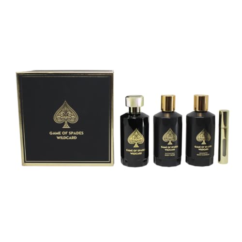 Jo Milano Game of Spades Wildcard 4-Piece Gift Set Unisex, (3.4 Oz Parfum Spray + 6.8 Oz Body Cleanser + 6.8 Oz Body Cream + 0.27 Oz Refillable Atomizer)