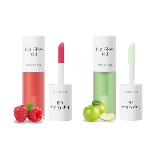 Hydrating Lip Glow Oil - 2PCS Tinted Moisturizing Lip Gloss Plumping Long-Lasting Shiny Fruit Flavor Lip Stain, 0.10 Fl Oz (Raspberry&Green Apple)