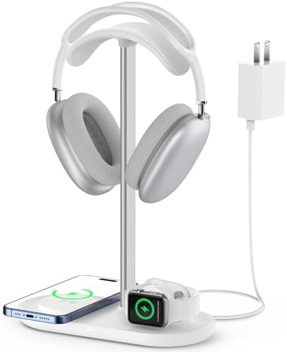 HiWe 3-in-1 Headphone Stand - Universal Desktop Gaming Headset Holder with Wireless Charger for Phones/AirPods/iWatch, Aluminum Alloy Rod, Leather Pad, ABS Solid Base, White