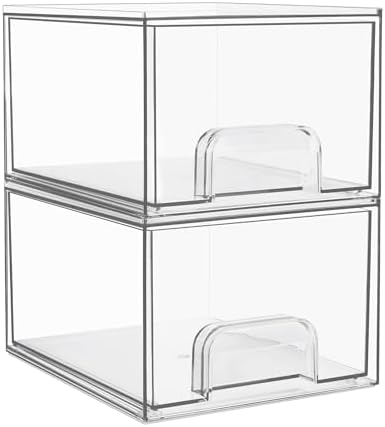 Vtopmart 2 Pack Clear Stackable Storage Drawers, 4.4'' Tall Acrylic Bathroom Makeup Organizer,Plastic Storage Bins For Vanity, Undersink, Kitchen Cabinets, Pantry, Home Organization