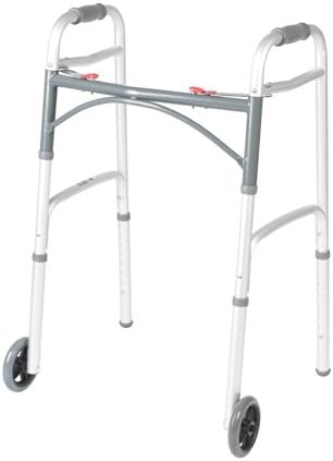 Drive Medical 10210-1 2-Button Folding Walker with Wheels, Rolling Walker, Front Wheel Walker, Lightweight Walkers for Seniors and Adults Weighing Up To 350 Pounds, Adjustable Height, Silver