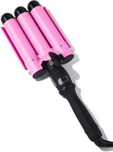 Trademark Beauty Three Barrel Hair Waver, Curling Iron, 1.25 Inch, Beach Waves, Adjustable Temperature Hair Curler, Babe Waves Jumbo - Pink