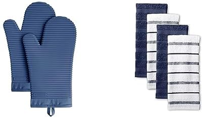 KitchenAid Ribbed Soft Silicone Oven Mitt Set, Blue Willow 2 Count & Albany Kitchen Towel 4-Pack Set, Cotton, Blue Willow/White, 16"x26"