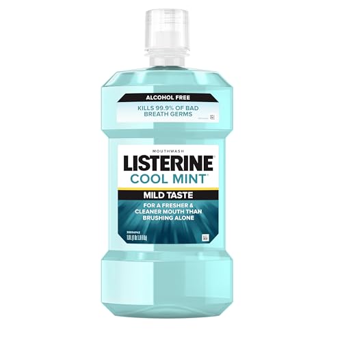 Listerine Mouthwash, Zero Alcohol, Germ Killing, Less Intense Formula, Bad Breath Treatment, Alcohol Free Mouth Wash for Adults; Cool Mint Flavor, 1 L (Pack of 1)