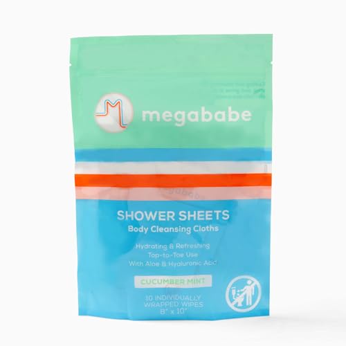 Megababe Cucumber Mint Shower Sheets | Individually Wrapped Body Cleansing Cloths | 10 Wipes (Pack of 1)