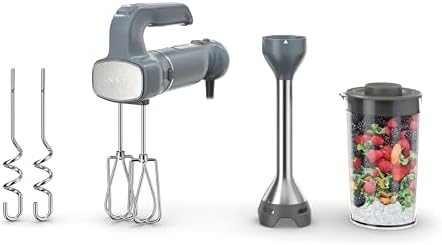 Ninja CI105BRN Foodi Power Mixer System, 750-Peak-Watt Immersion Blender and Hand Mixer, EasyGlide Beaters, Dough Hooks, 3-Cup Blending Vessel, Sea Salt Gray
