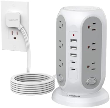 Tower Power Strip with Individual Switches, TESSAN Surge Protector with 12 Outlets, 5 USB Ports(2 USB C), Flat Extension Cord 10 Ft, Flat Plug, Charging Station for Multiple Devices, for Office, Dorm