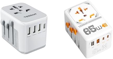 TESSAN 65W GaN Universal Travel Adapter, International Plug Adaptor with 4 USB(2 USB C) Charging Ports, 4 USB Ports (1 USB C), Worldwide Power for US to European EU UK AUS Ireland(Type C/G/A/I)