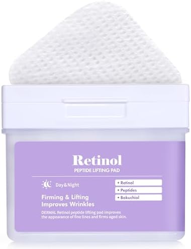 DERMAL Retinol Peptide Lifting Pad - Korean Toner Pad for Anti-Aging & Wrinkles with Bakuchiol - Vegan Pure Cotton Square Pads - High Capacity, 120 Sheets