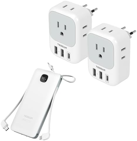 2 Pack European Travel Plug Adapter USB C, TESSAN US to Europe Plug Adapter with 4 Outlets 3 USB Charger (1 USB C Port) with Portable Phone Charger with Built in Cables, 10000mAh Power Bank
