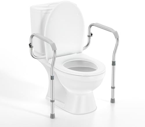 Toilet Safety Rail for Seniors with 2 Reinforced Nuts, Height & Width Adjustable Toilet Safety Frame, Bathroom Assist Rail with Armrests, Bathroom Safety, 250 lb. Weight Capacity(Grey)