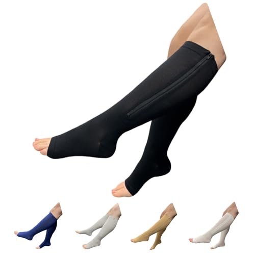 Seniors Care 15-20 mmHg Zipper Compression Leg Calf Open Toe Socks (Black, 3X-Large)