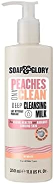 Soap & Glory Peaches & Clean Deep Cleansing Milk - 4 in 1 Milk Cleanser & Makeup Remover with Peach Extract, Ginseng & Jojoba Oil - Hydrating Facial Cleanser for Clarified & Energized Skin (350ml)