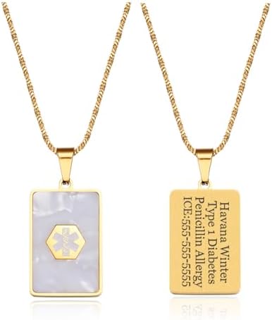 Medical Alert Necklace for Women Shell & Gold-Tone Stainless Steel Emergency ID Tag Pendant Necklace for Girls Custom Engraved Medical Alert Jewelry