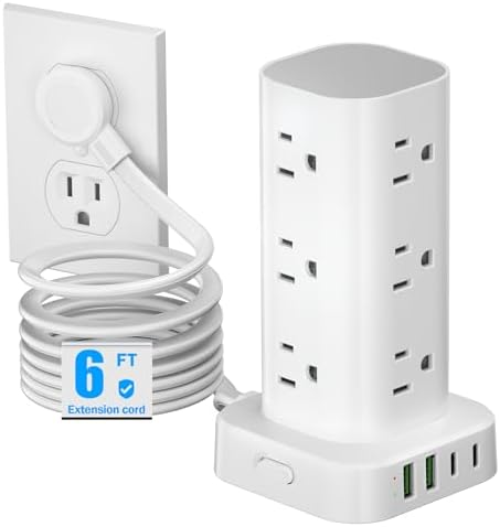 Tower Power Strips with Surge Protection, 6FT Flat Extension Cord with Multiple Outlets, 12 AC 4 USB Ports, Overload Protection Charging Station for Office Home Dorm Room Travel (White)