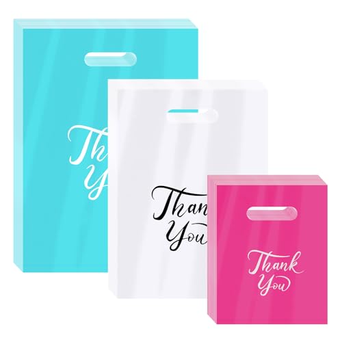 300 Pcs Thank You Merchandise Bag, 3 Size Shopping Bags for Business Small with Handles, Plastic Gift Bags Retail Bags, Bulk Merchandise Bags for Wedding Party Stores Packaging Wholesale Goodie Bag