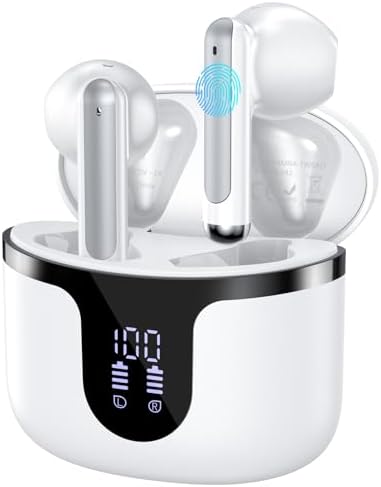 Wireless Earbuds Bluetooth 5.3 Headphones 2025 New 40Hrs Playtime Bluetooth Earbuds Hi-Fi Stereo 4 ENC Mics, Wireless Headphones IPX7 Waterproof Ear Buds LED Display USB-C, White