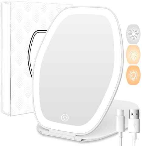 Travel Makeup Mirror with Light: 3 Color Lighting Portable Mirror with Touch Screen Rechargeable Adjustable LED Lights Vanity Hexagon Mirror for Travel, Desk, Home (White, 1 Mirror)