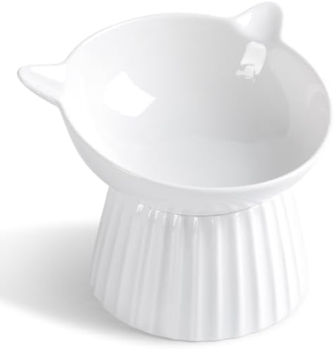 Ceramic Raised Cat Bowl，Tilted Raised Cat Bowl Anti Vomit Cat Bowls for Indoor Cats Whisker Friendly Pet Feeder for Cats Puppies, Microwave and Dishwasher Safe