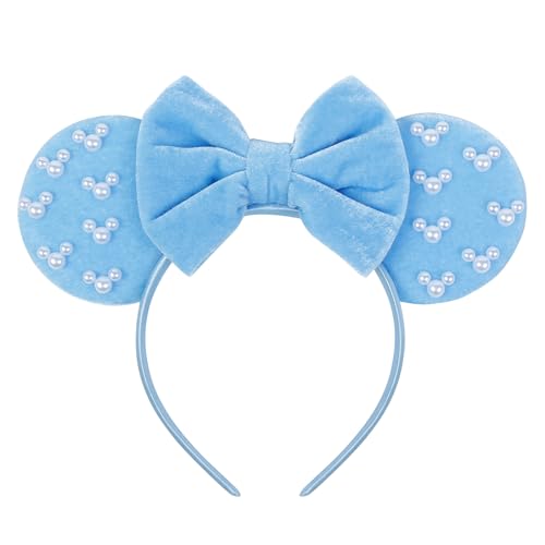 WOVOWOVO Mouse Ears Headbands for Women Blue Bow Pearl Hairbands Velvet Headband Hair Accessories