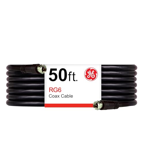 GE RG6 Coax Cable, 50ft, F-Type Connectors, Screw-On Installation, No Tools Required, Black 33600
