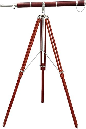Nautical Vintage Royal Brass Nickel Chrome Finish Telescope Orange Leather Covered Handmade Authentic Hign Magnification Tube Telescope Antique with Brown Wooden Legs Tripod Home Decor
