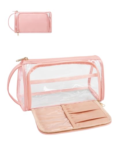 Clear Makeup Bag, Portable Cute Cosmetic Bag with Makeup Brush Side Compartment, Transparent Toiletry Bag Portable Make Up Organizer Storage Bag for Women, Water-resistant Zipper Pouch for Toiletries