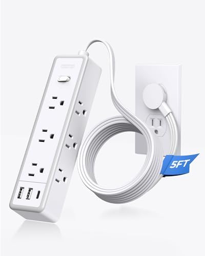 Surge Protector Power Strip, Flat Extension Cord with 9 Widely Outlets 3 USB Ports(1 USB-C), 1080 Joules, 5 FT, Multiple Outlets, Wall Mount, Flat Plug for Indoor Home Office, Dorm Essentials, White