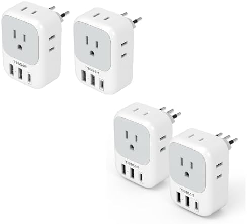 2 Pack European Travel Plug Adapter USB C, TESSAN US to Europe and Italy Plug Adapter with 4 Outlets 3 USB Charger (1 USB C Port)