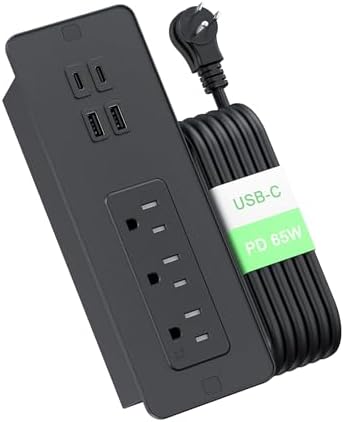 Recessed Power Strip with PD 65W USB C, Flush Mount Power Strip with 3 Outlets 4 USB Ports, Furniture Outlet with 2M Flat Plug Cable for Side Table Sofa Table, Black