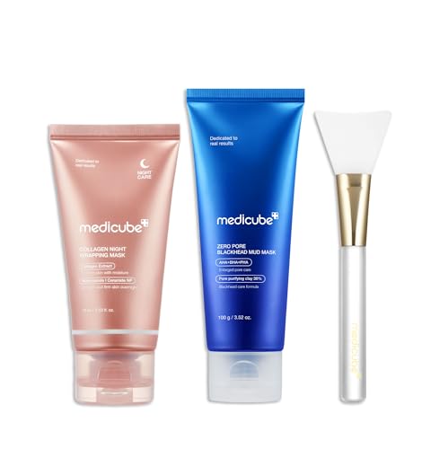 medicube Korean Viral Glass Skin Faical Mask Duo: Collagen Overnight Wrapping Peel Off Facial Mask Pack & Zero Pore Blackhead Mud Facial Mask & Jelly Brush
