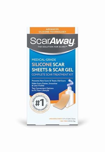 ScarAway Complete Scar Treatment Kit, Clinically Supported Treatment for Scars (2) Tan Medical-Grade Silicone Scar Sheets (1.5" x 3") and Silicone Gel (0.35 Oz), Water-Resistant & Self-Adhesive