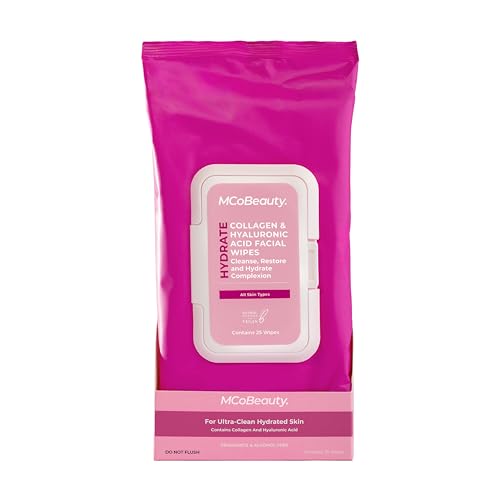 MCoBeauty Hyaluronic Acid & Collagen Facial Wipes, Fresh and Mositurizing, Pack of 25 Wipes, Vegan, Cruelty Free Cosmetics