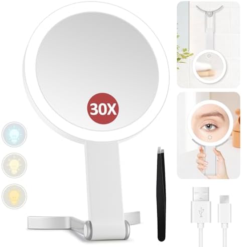 MIYADIVA Lighted Makeup Mirror, 30X Magnifying Mirror with Light and Adjustable Brightness, Hanging and Handheld Mirror with Handle, Portable Travel Makeup Mirror with Lights, Vanity Mirror for Women