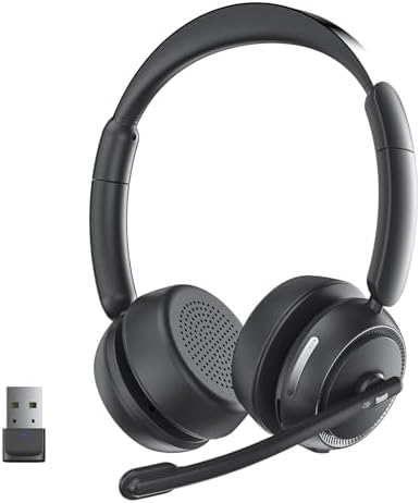 Wireless Headset with Mic for Work, Bluetooth Headset with Noise Canceling Microphone & HI-FI Stereo Sound, 65 Hrs Working Time, Wireless Headset for Work/Call Center/Computer/Teams (Black)