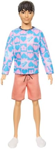 Barbie Fashionistas Ken Doll #219 with Slender Body Wearing a Removable Long-Sleeve Pink & Blue Patterned Shirt with Shorts