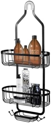 Bathroom Hanging Shower Organizer, Over Head Shower Caddy Basket with Hooks for Razor and Sponge, Rustproof, Anti-Swing (Black)