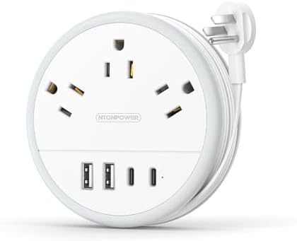 NTONPOWER Travel Power Strip with 3 Outlets, 4 USB Ports (2 USB C), 4FT Wrapped Around Flat Extension Cord, Portable for Travel, Cruise Ship Essentials White