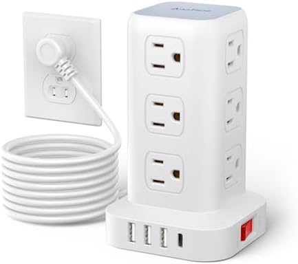 Surge Protector Power Strip 10 FT Cord, Power Strip Tower with 4 USB Ports (1USB C), Extension Cord with 12 AC Multiple Outlets, Home Office Supplies Desk Accessories, Dorm Room Essentials
