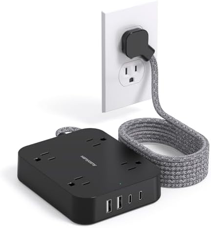Black Flat Plug Extension Cord, 10ft Power Strip with 4 USB Ports(2 USB C), 4 Widely Outlets Extender, Wall Mount, Desk Charging Station for Office, School, Travel and Dorm Room Essentials