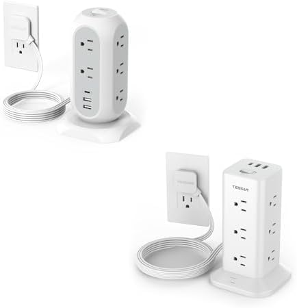 Power Strip Tower with Surge Protection, TESSAN Flat Plug Extension Cord 6 Feet with Multiple Outlets 3 USB Ports (1 USB C), Office Desk Supplies, Dorm Essentials
