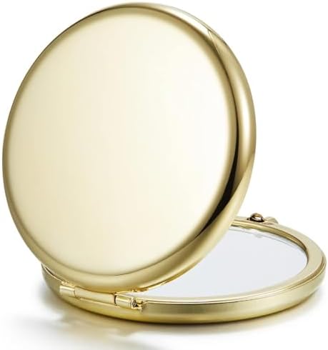 Compact Mirror for Purse, Double-Sided 1X/2X Magnifying Metal Pocket Makeup Mirrors(Round,Gold)