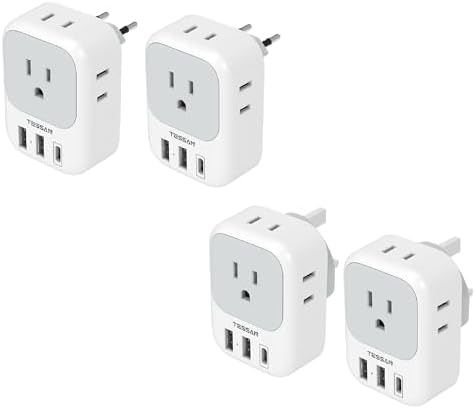 2 Pack European Travel Plug Adapter USB C, TESSAN US to Europe Plug Adapter with 4 Outlets 3 USB Charger (1 USB C Port)